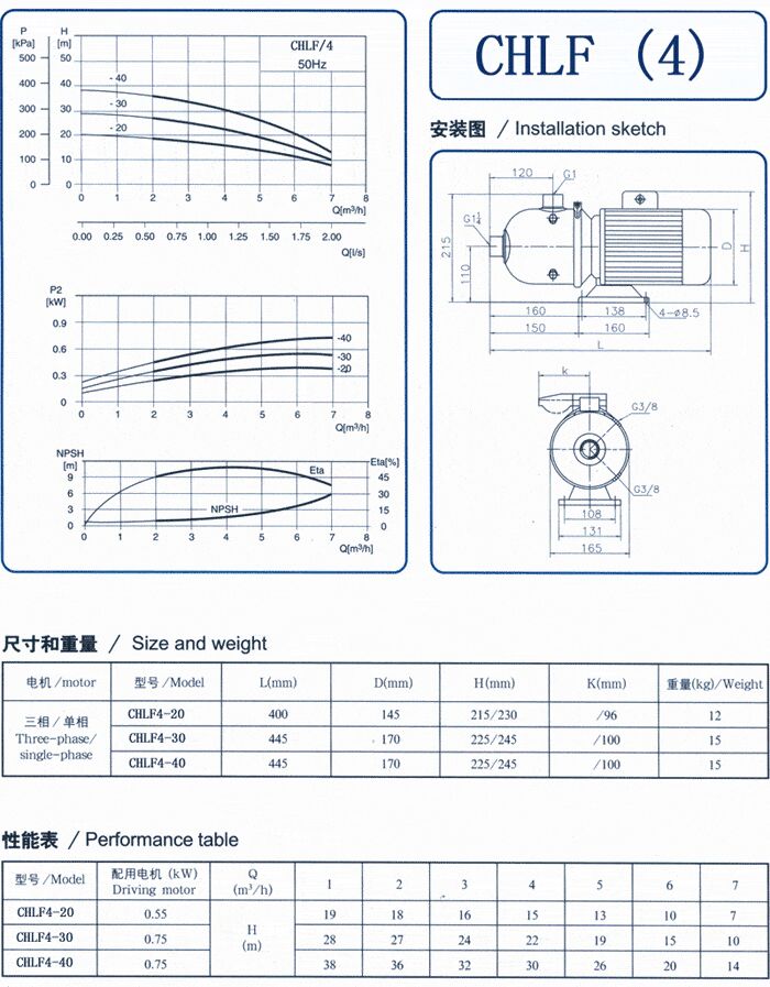 CHLF輕型立式不銹鋼多級(jí)離心泵安裝圖、尺寸、性能