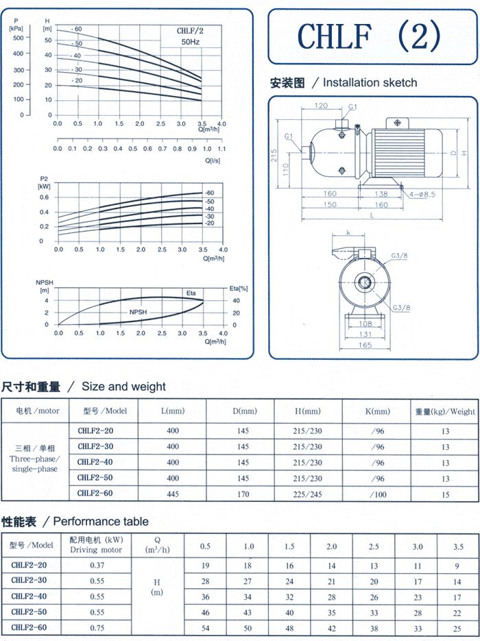 CHLF輕型立式不銹鋼多級(jí)離心泵安裝圖、尺寸、性能