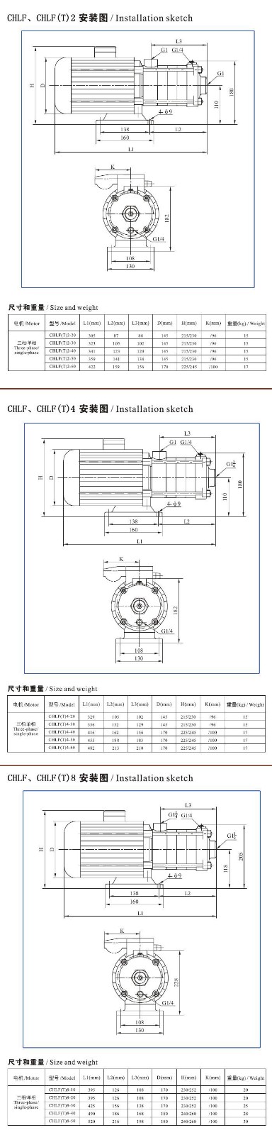 CHLF(T)輕型不銹鋼多級離心泵安裝圖、尺寸及重量