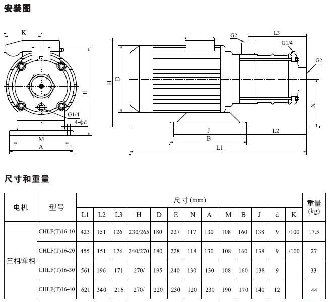 不銹鋼多級離心泵安裝圖、尺寸及重量