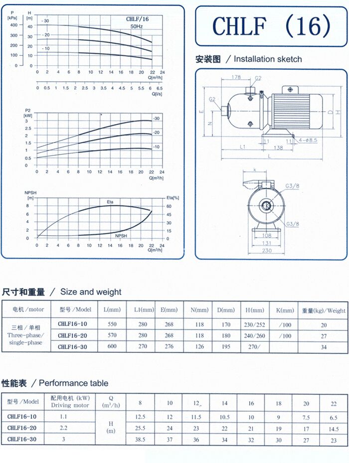 CHLF輕型不銹鋼多級(jí)離心泵尺寸和重量、性能表